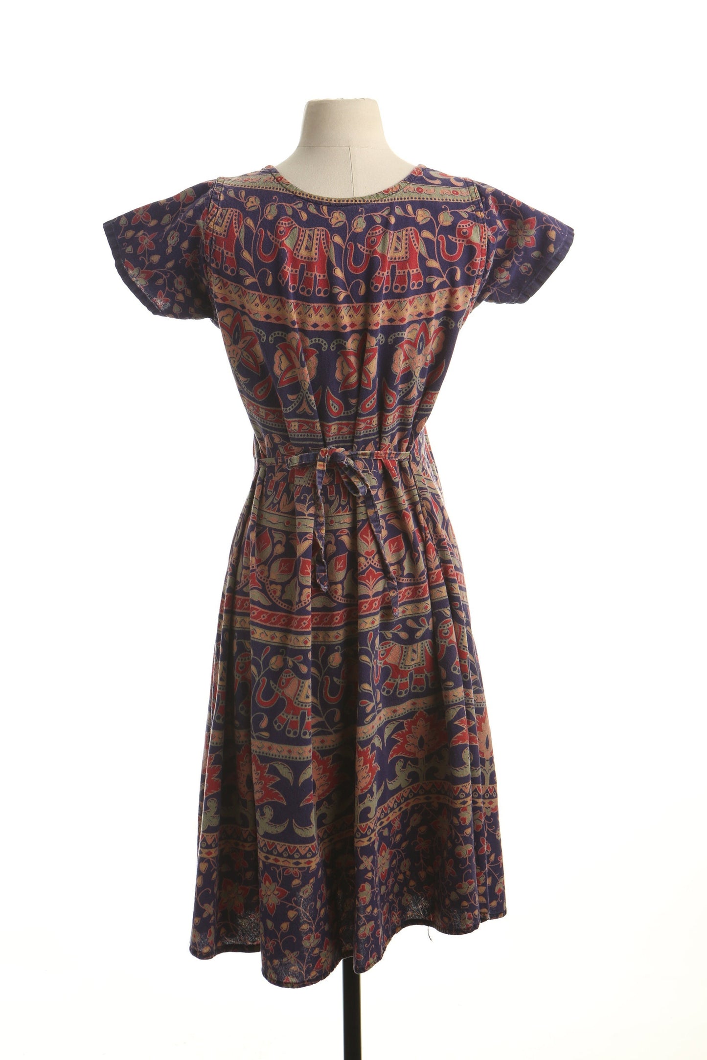 Vintage floral block print summer indian boho 70's dress women blue