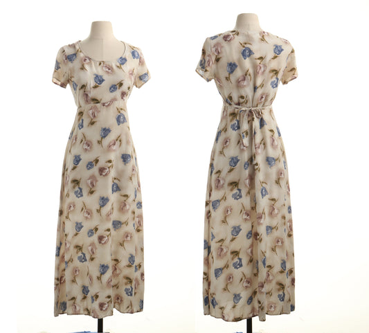 Vintage dress maxi rayon floral print 90's casual beige long roses flowert
