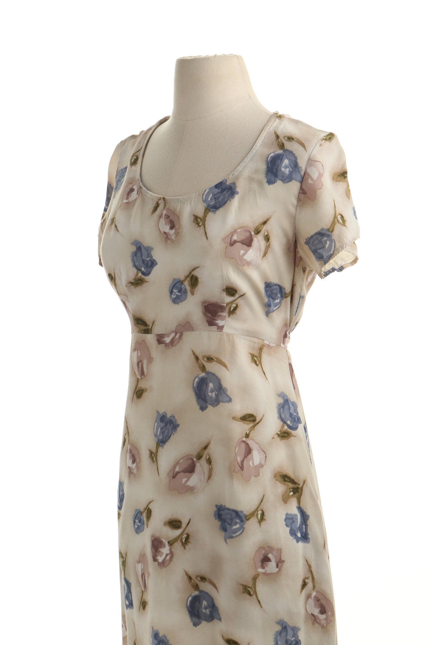 Vintage dress maxi rayon floral print 90's casual beige long roses flowert