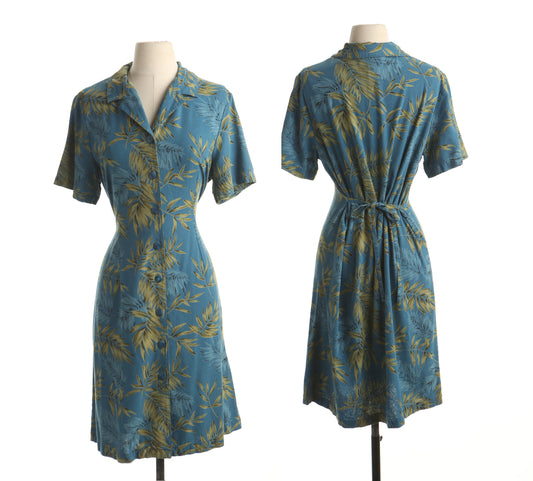 Vintage women hawaii dress green hawaiian summer plant print silk medium