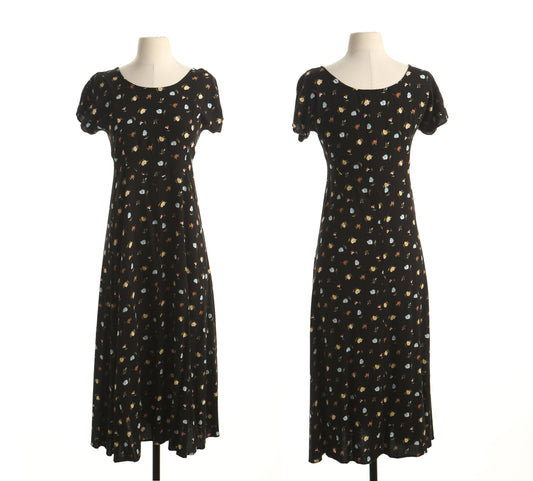 Vintage 90's summer dress floral flower black print maxi long casual