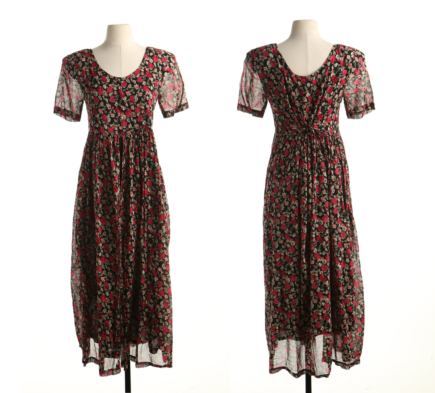 Vintage floral print 90's cotton dress summer black red women