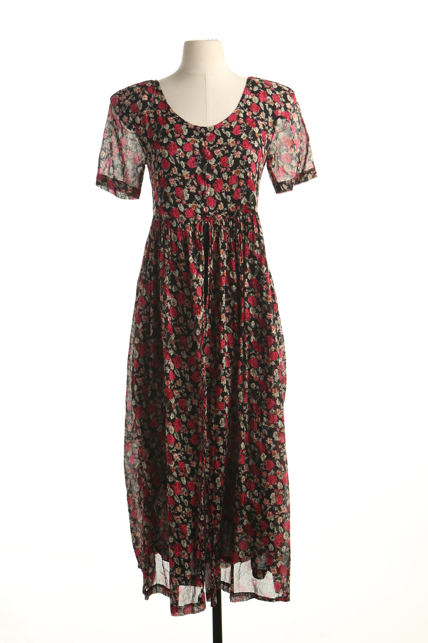 Vintage floral print 90's cotton dress summer black red women