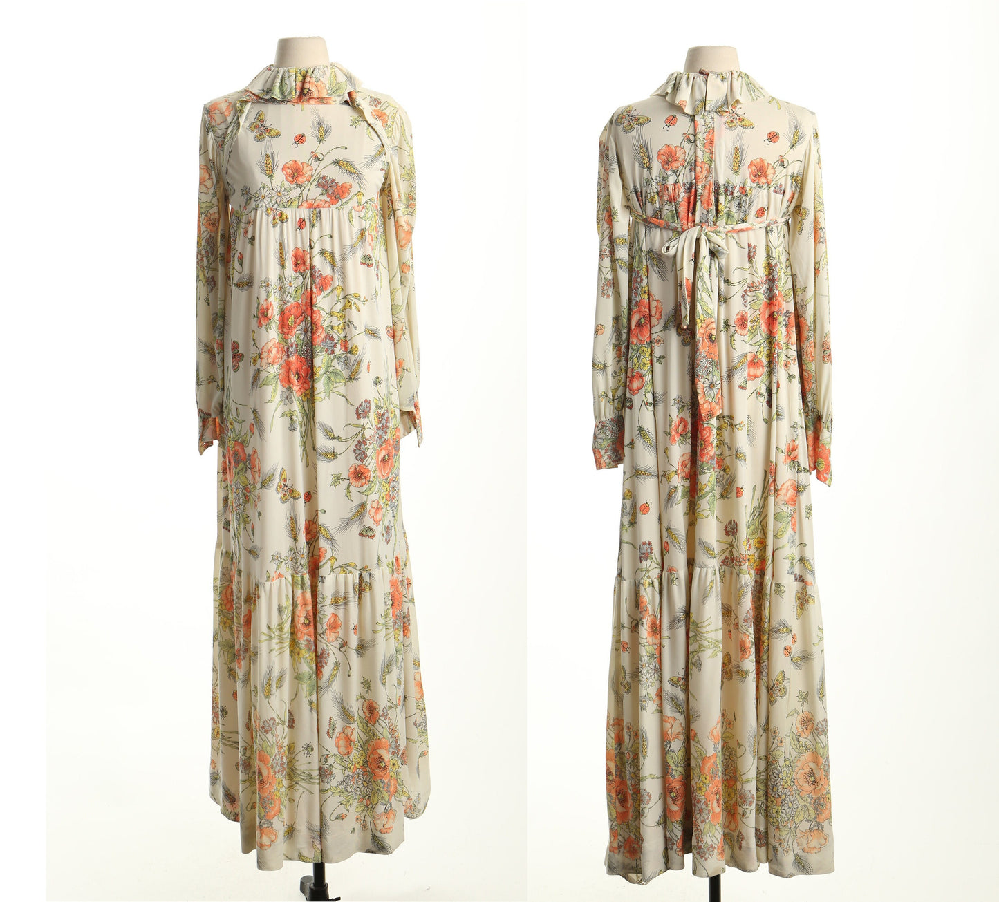 Vintage 70's floral print boho hippie long dress beige flower women