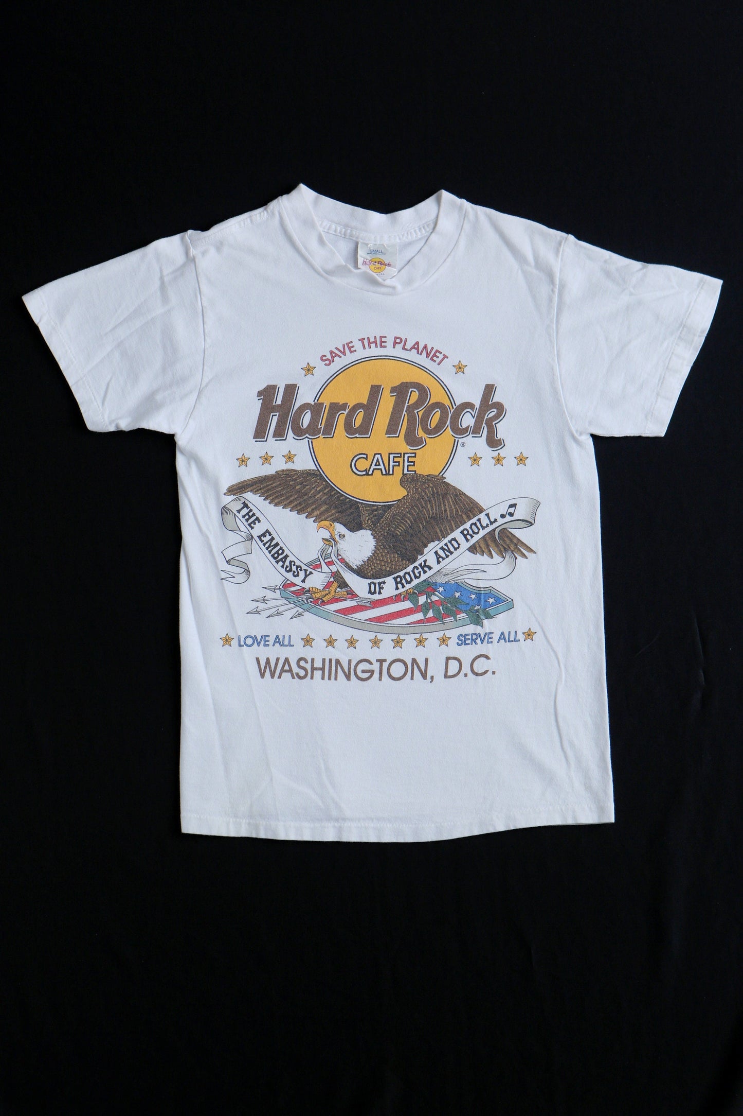 Hard rock cafe t-shirt vintage save the planet concert white usa military eagle us shield small made in usa