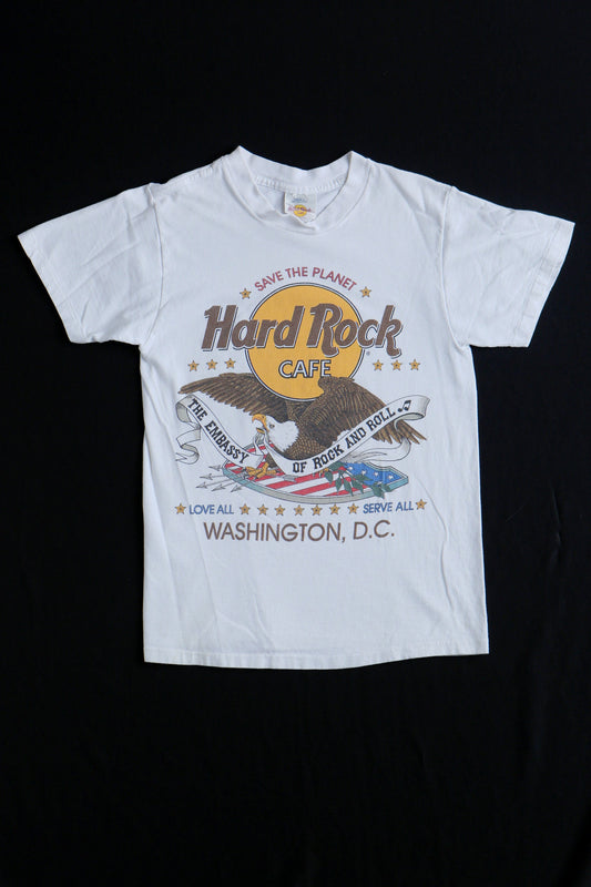 Hard rock cafe t-shirt vintage save the planet concert white usa military eagle us shield small made in usa