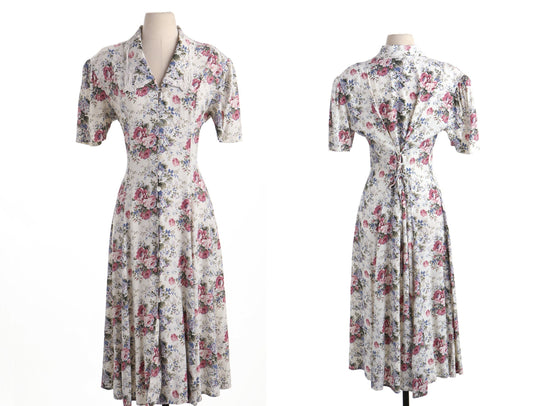 Vintage floral flower rose print white summer western maxi dress 90's rayon long