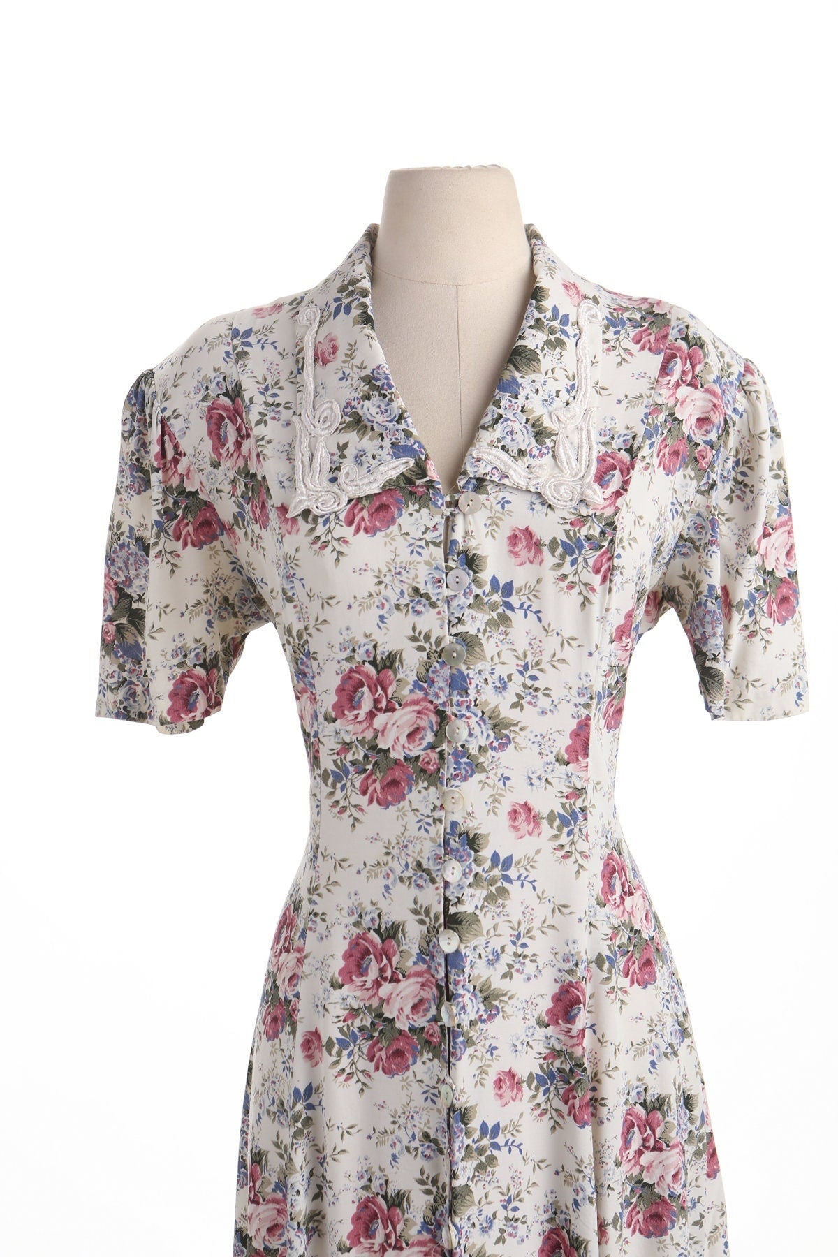 Vintage floral flower rose print white summer western maxi dress 90's rayon long