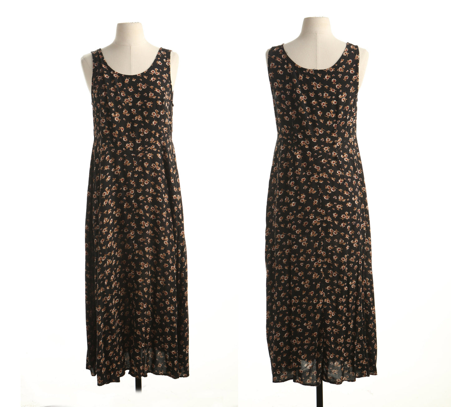 Vintage 90's maxi dress black floral print long summer casual green