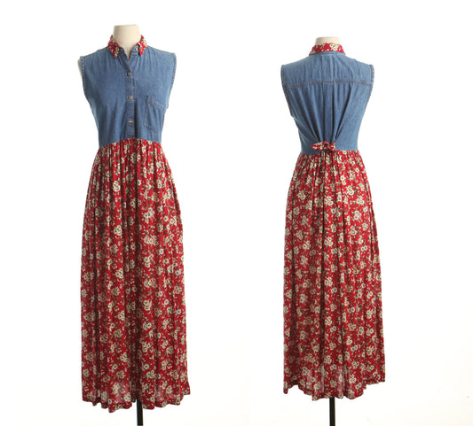 Vintage 90's floral red blue summer maxi long dress size s rayon half