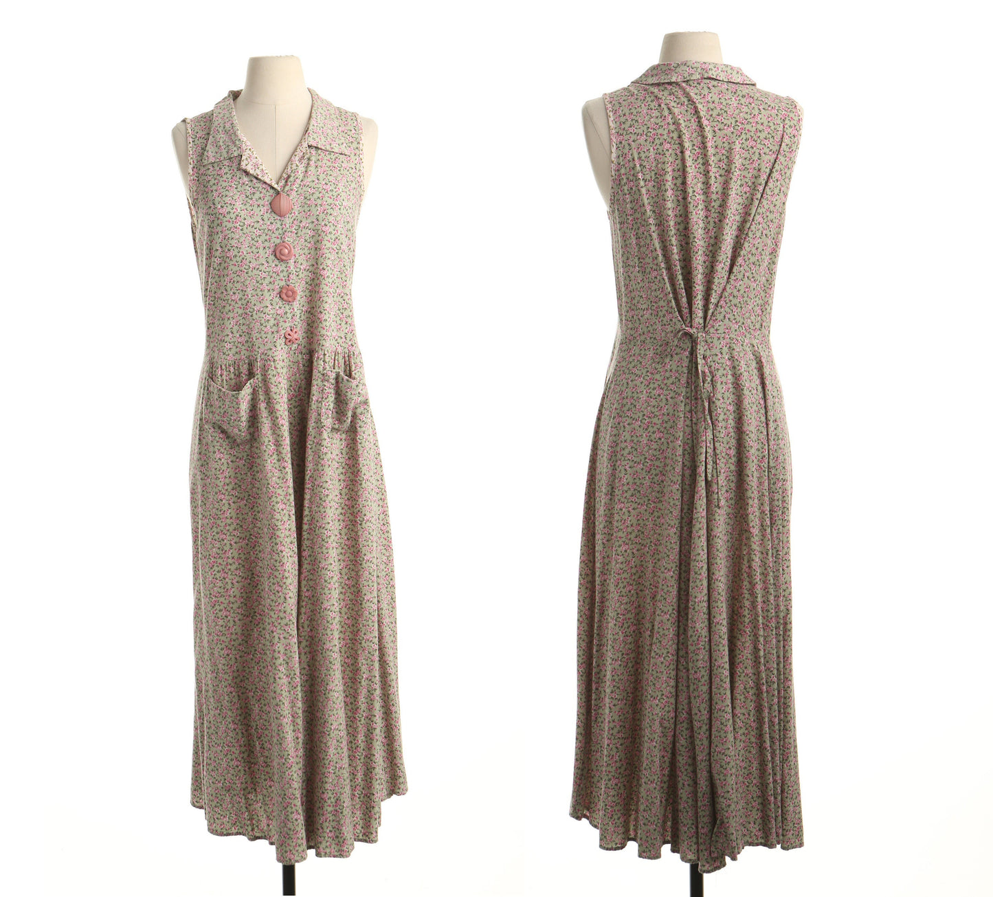 Vintage floral maxi summer dress 90's rayon beige green casual