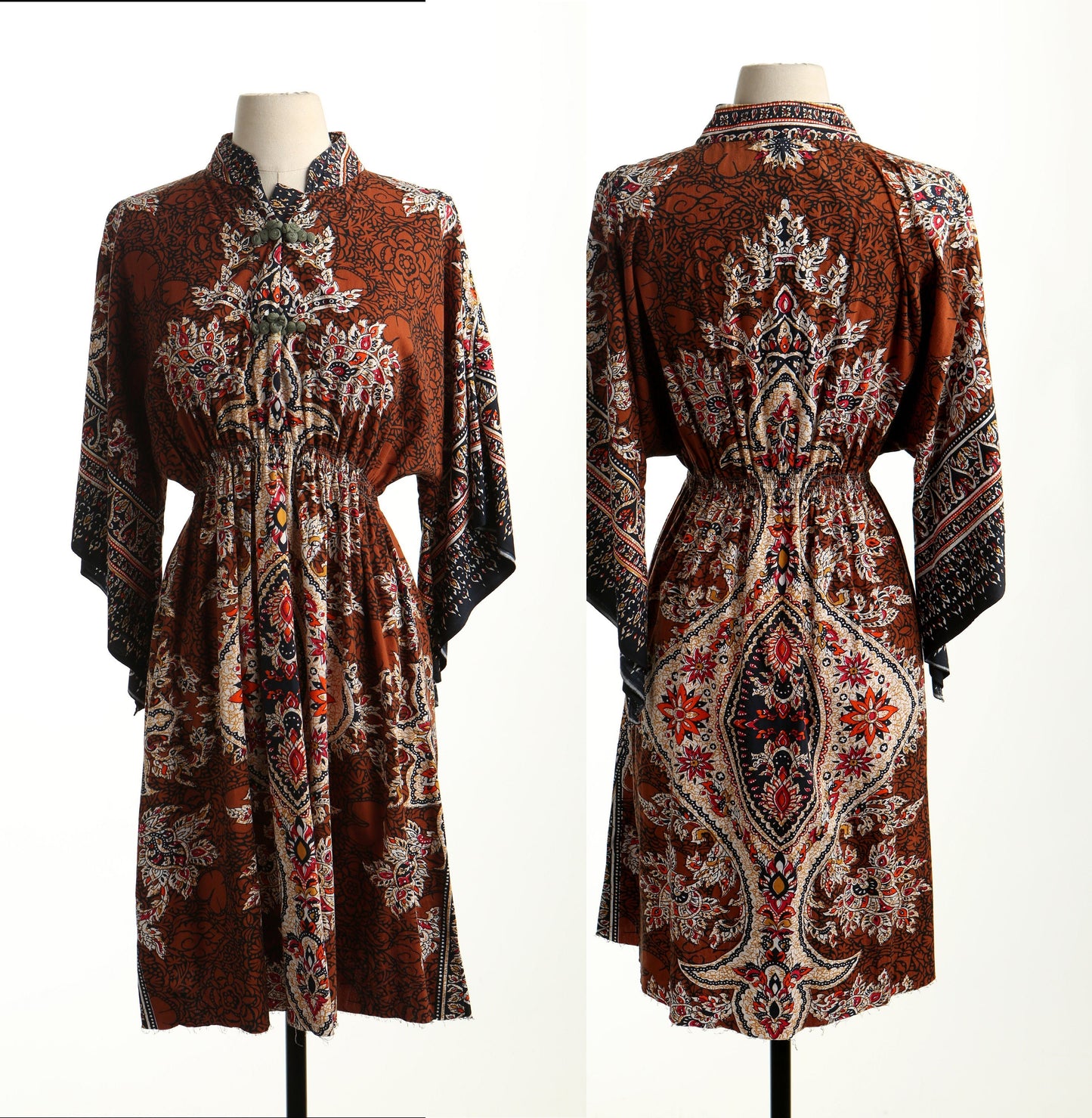 Vintage boho asian hippie african ethnic dress block print summer short brown beige