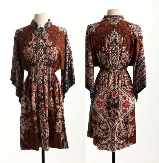 Vintage boho asian hippie african ethnic dress block print summer short brown beige