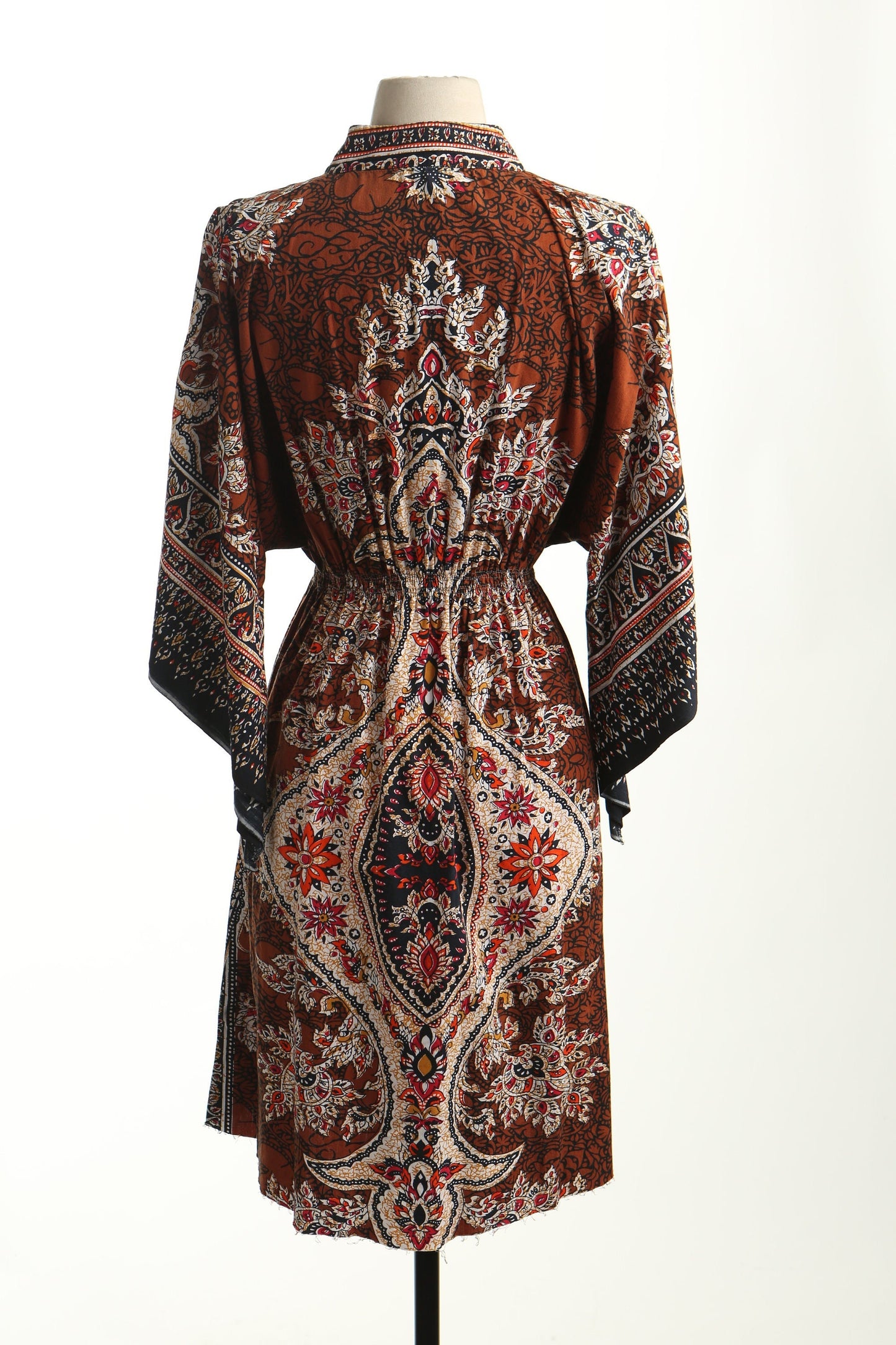 Vintage boho asian hippie african ethnic dress block print summer short brown beige