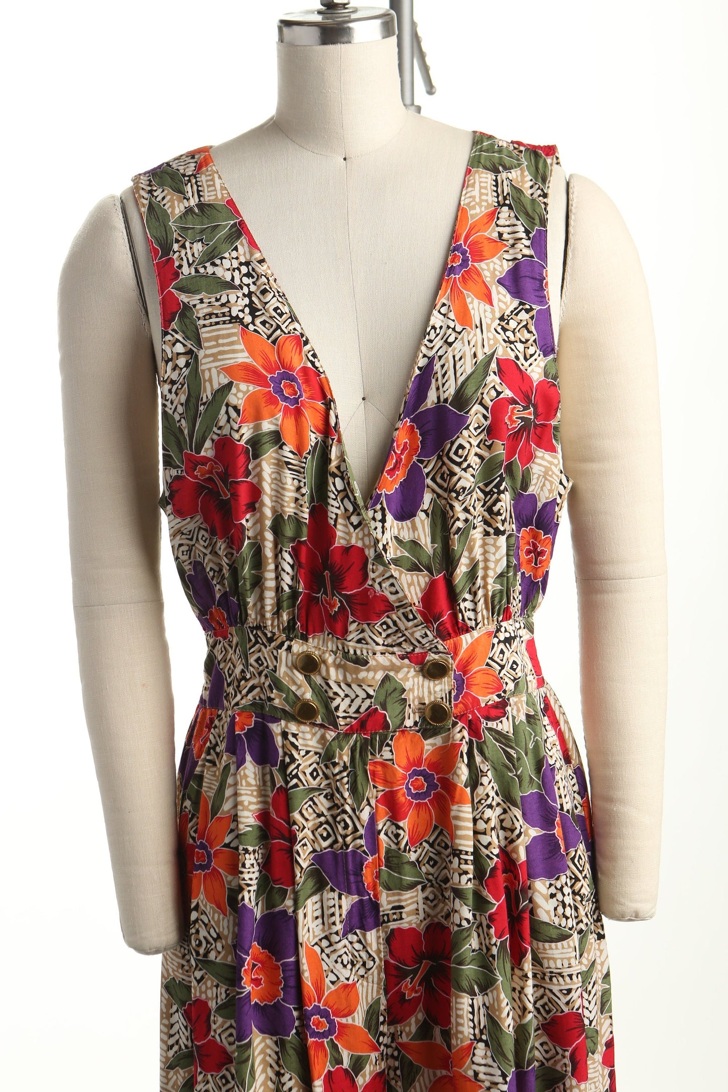 Vintage jumpsuit romper dress 90's floral print flower women v neck summer casual