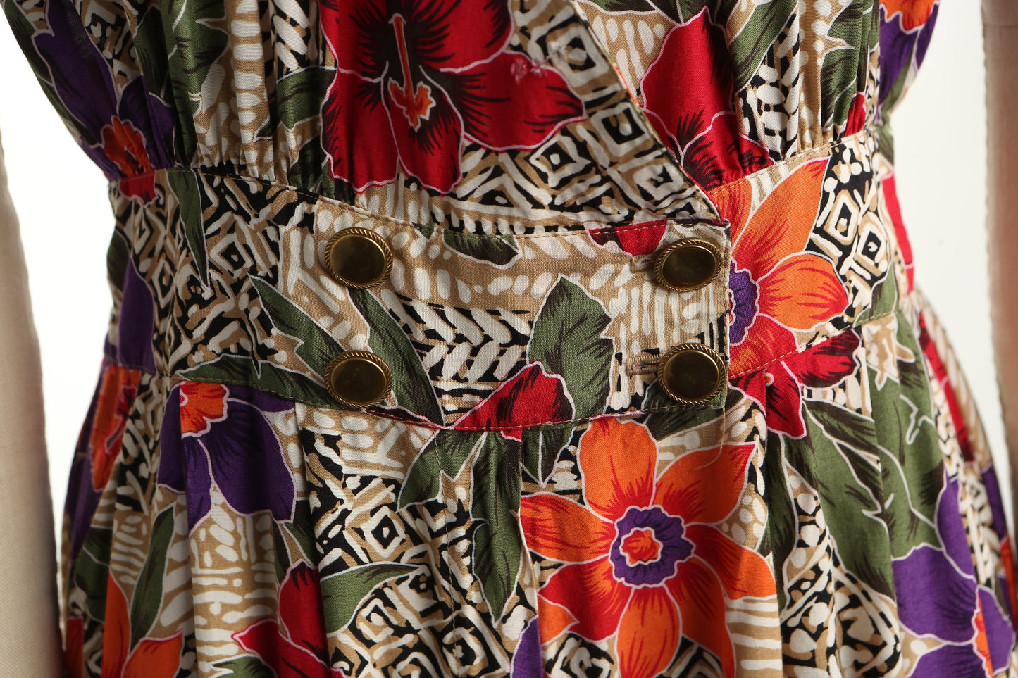 Vintage jumpsuit romper dress 90's floral print flower women v neck summer casual