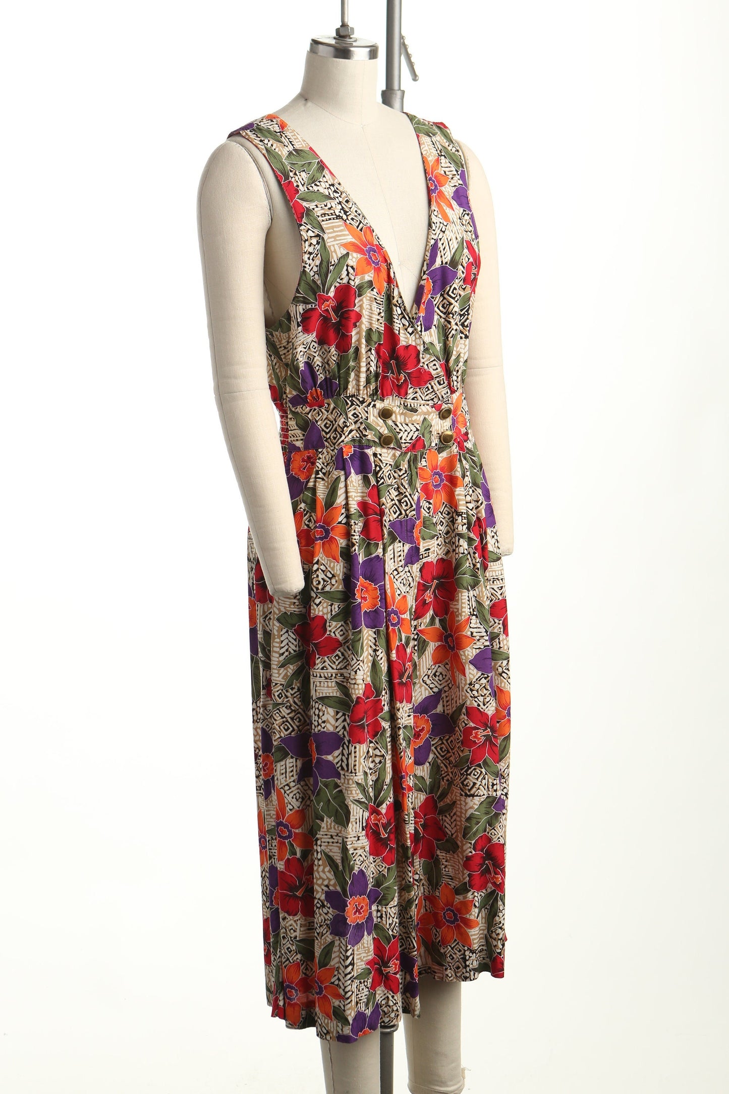 Vintage jumpsuit romper dress 90's floral print flower women v neck summer casual