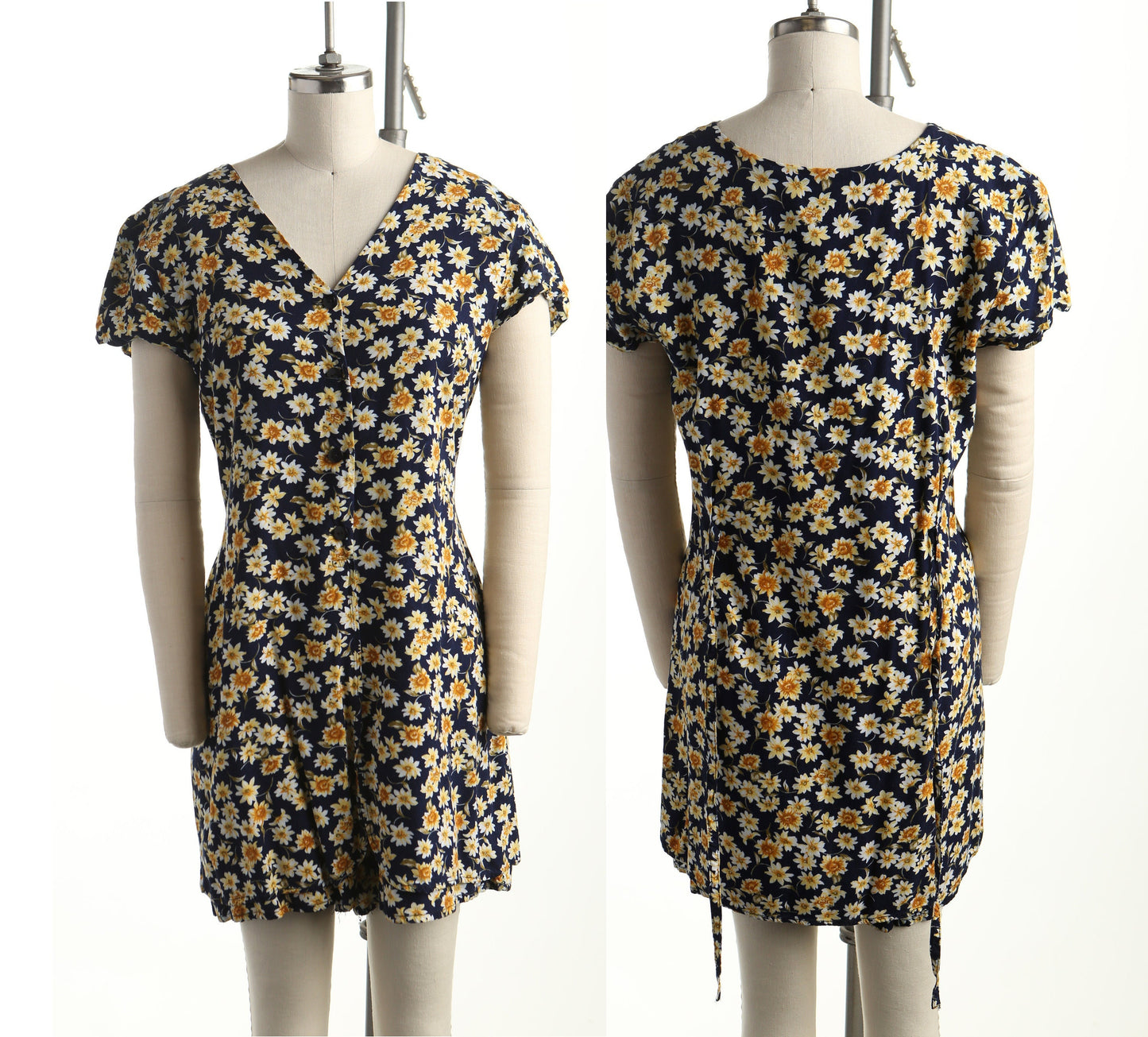 Vintage romper dress floral print 90's summer blue yellow flower belt v neck short sleeve