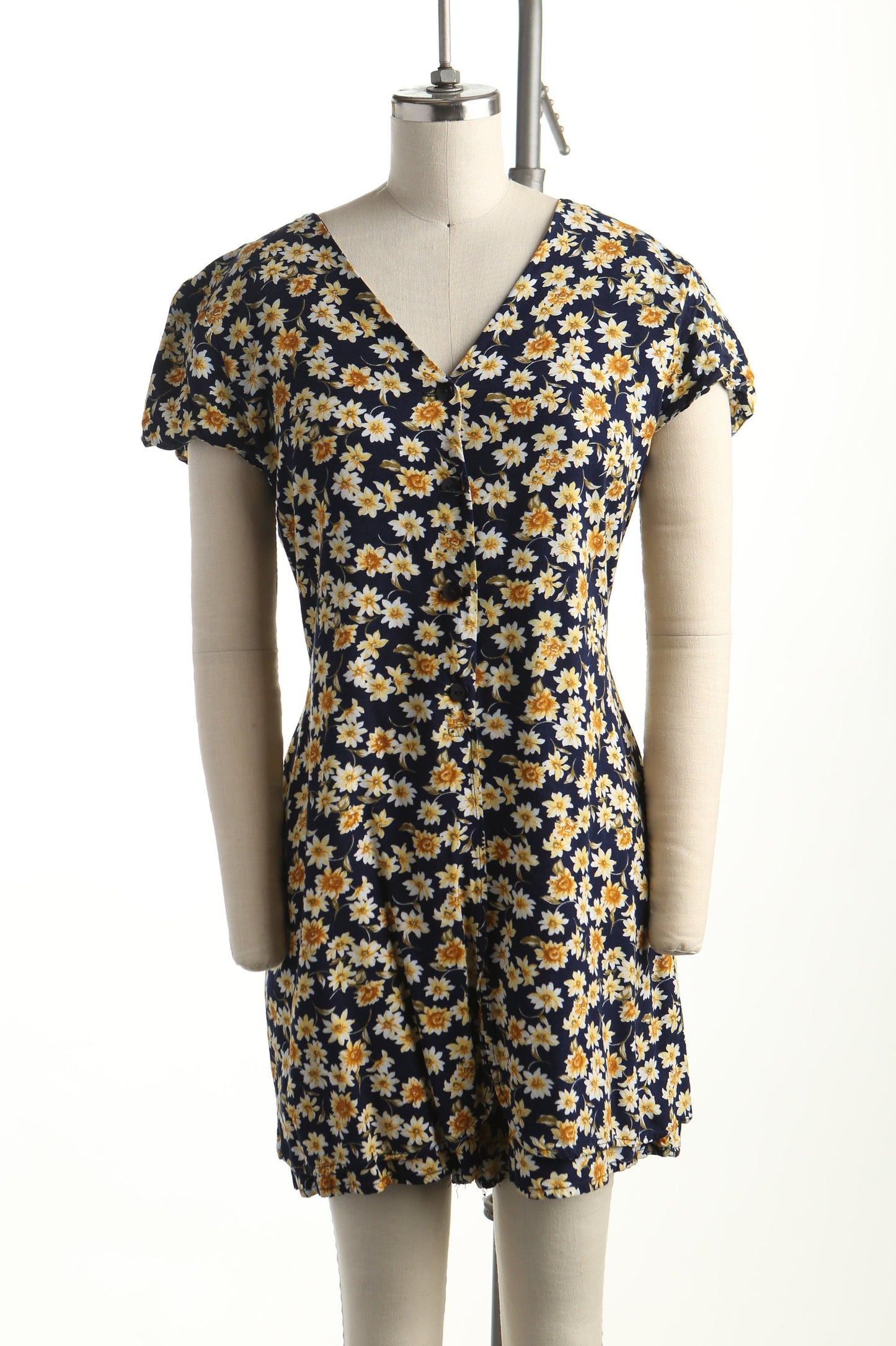 Vintage romper dress floral print 90's summer blue yellow flower belt v neck short sleeve