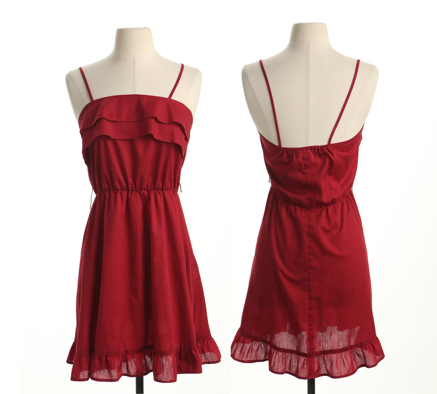Vintage summer 70's strap red cotton ruffle dress women casual