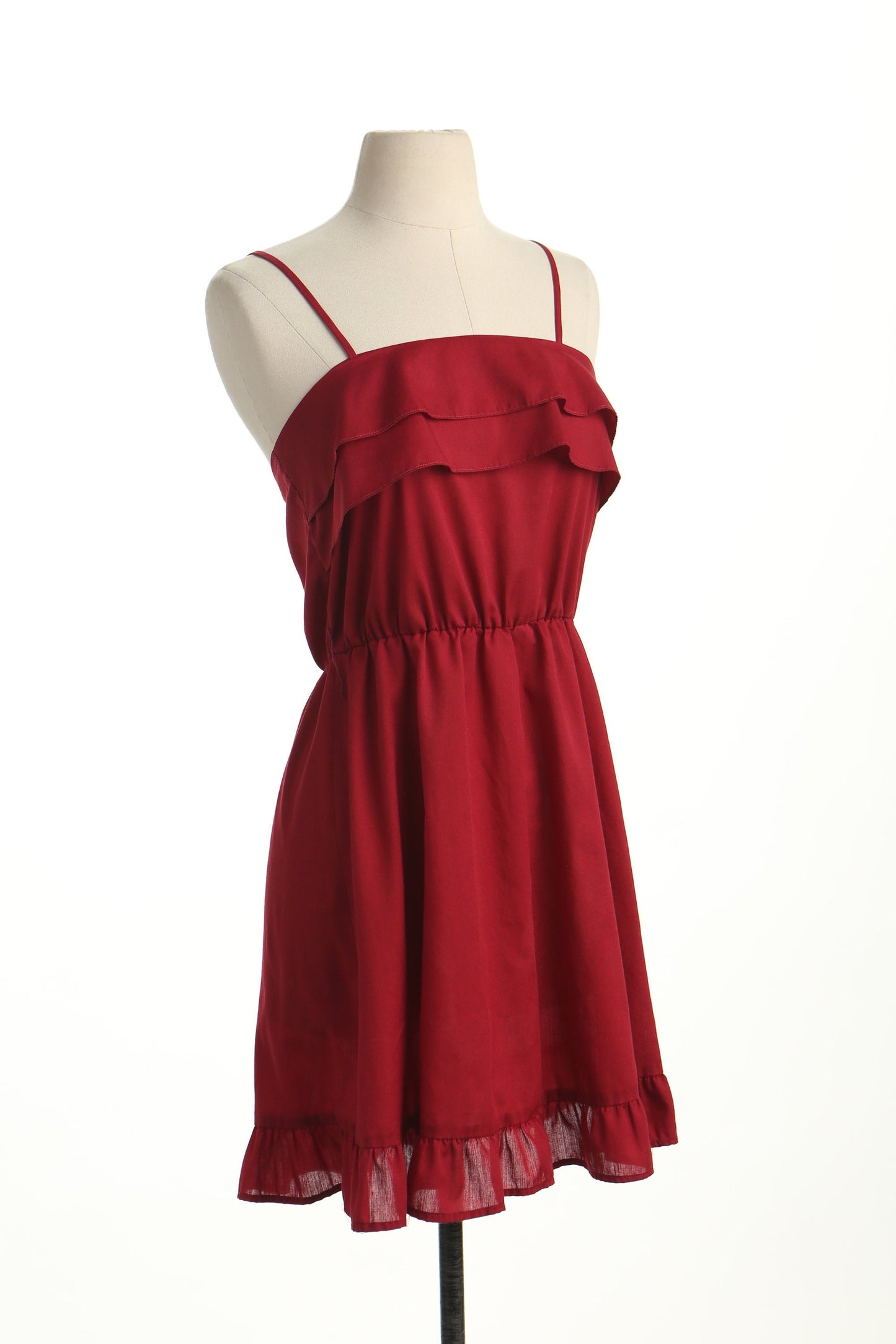 Vintage summer 70's strap red cotton ruffle dress women casual