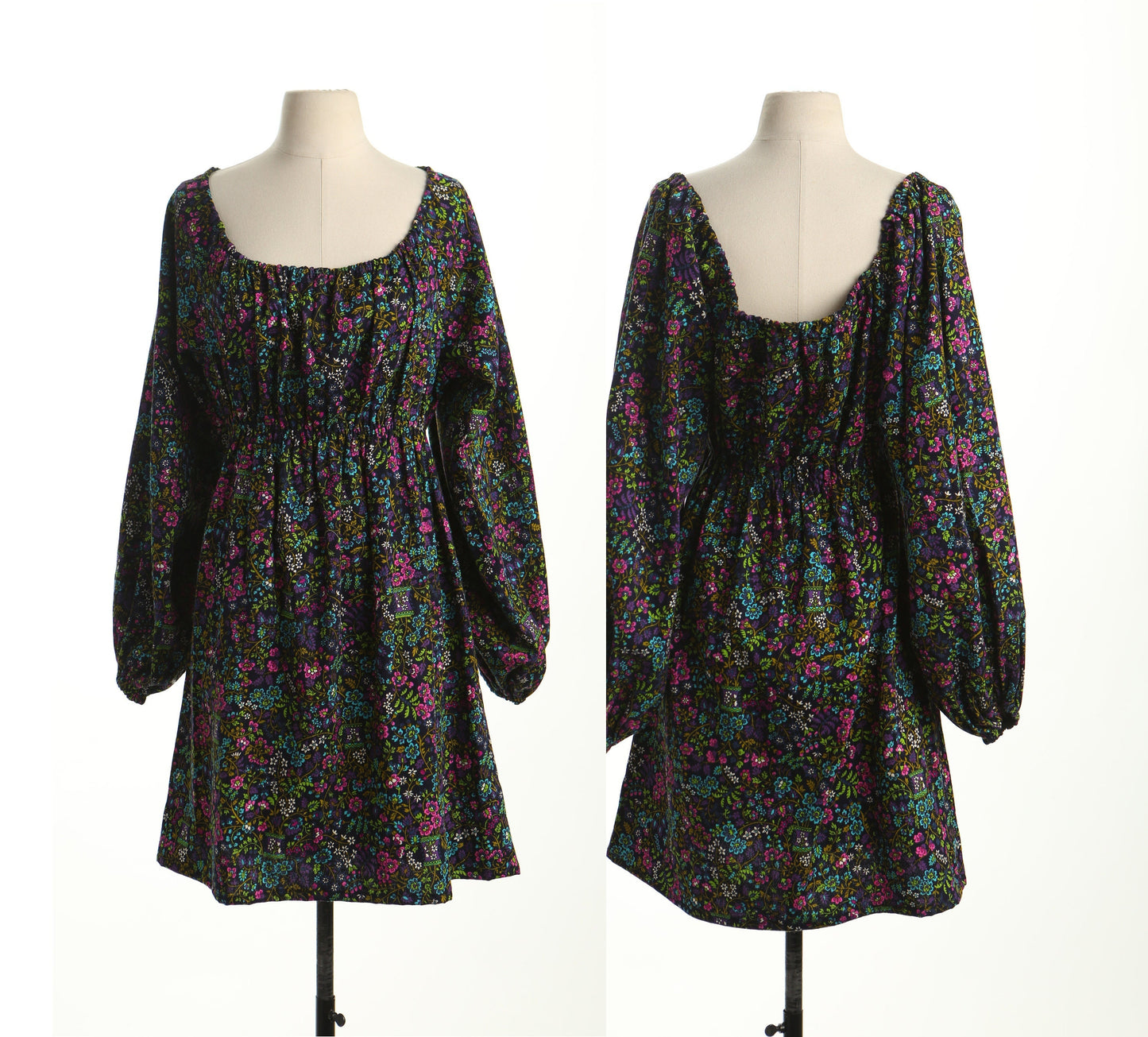 Vintage boho hippie summer floral print dress black off shoulder long sleeve 70's 60's