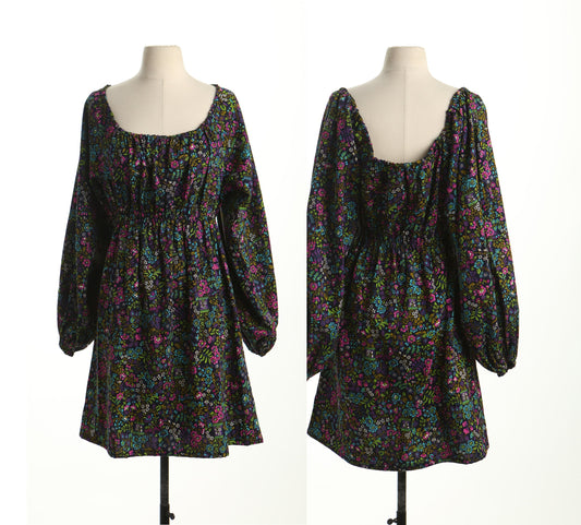 Vintage boho hippie summer floral print dress black off shoulder long sleeve 70's 60's