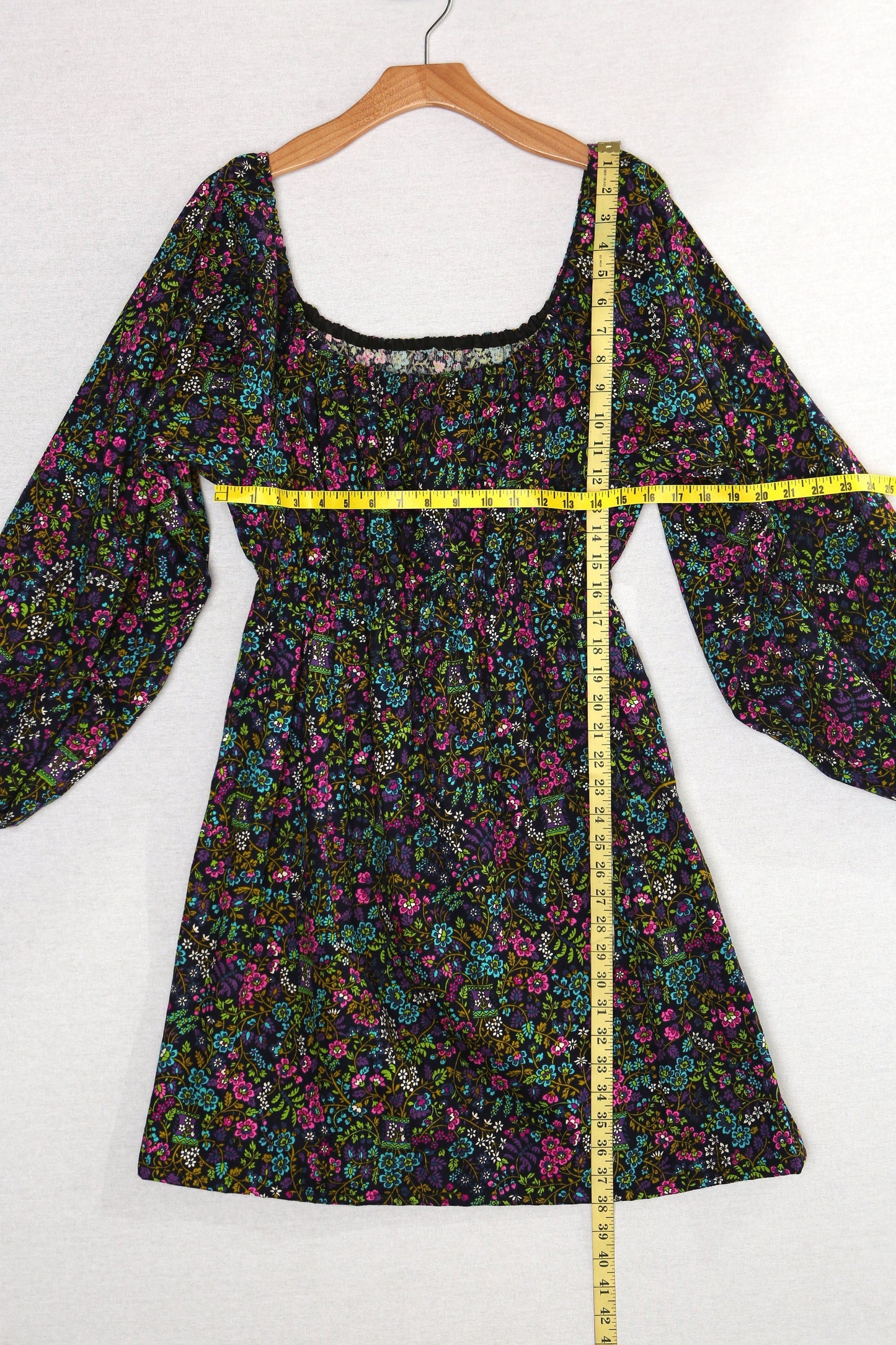 Vintage boho hippie summer floral print dress black off shoulder long sleeve 70's 60's