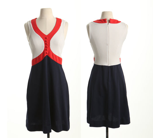 Vintage 70's disco casual dress mod summer white red blue women 60's