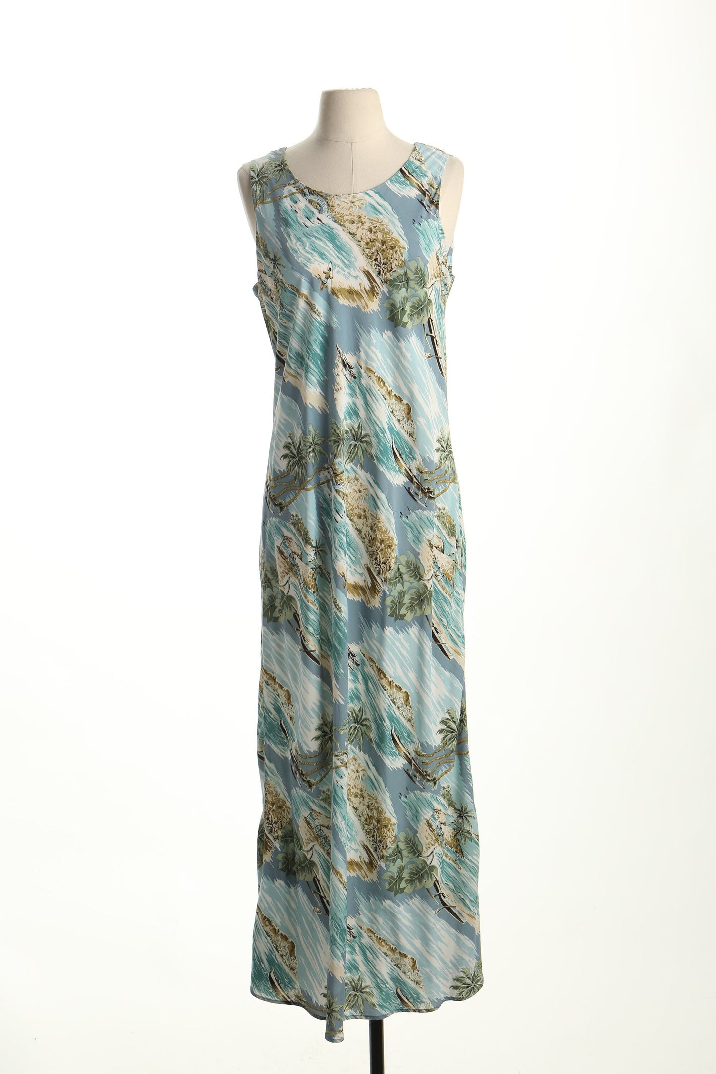 Vintage long hawaiian hawaii dress beach made in hawaii women green blue sleeveless