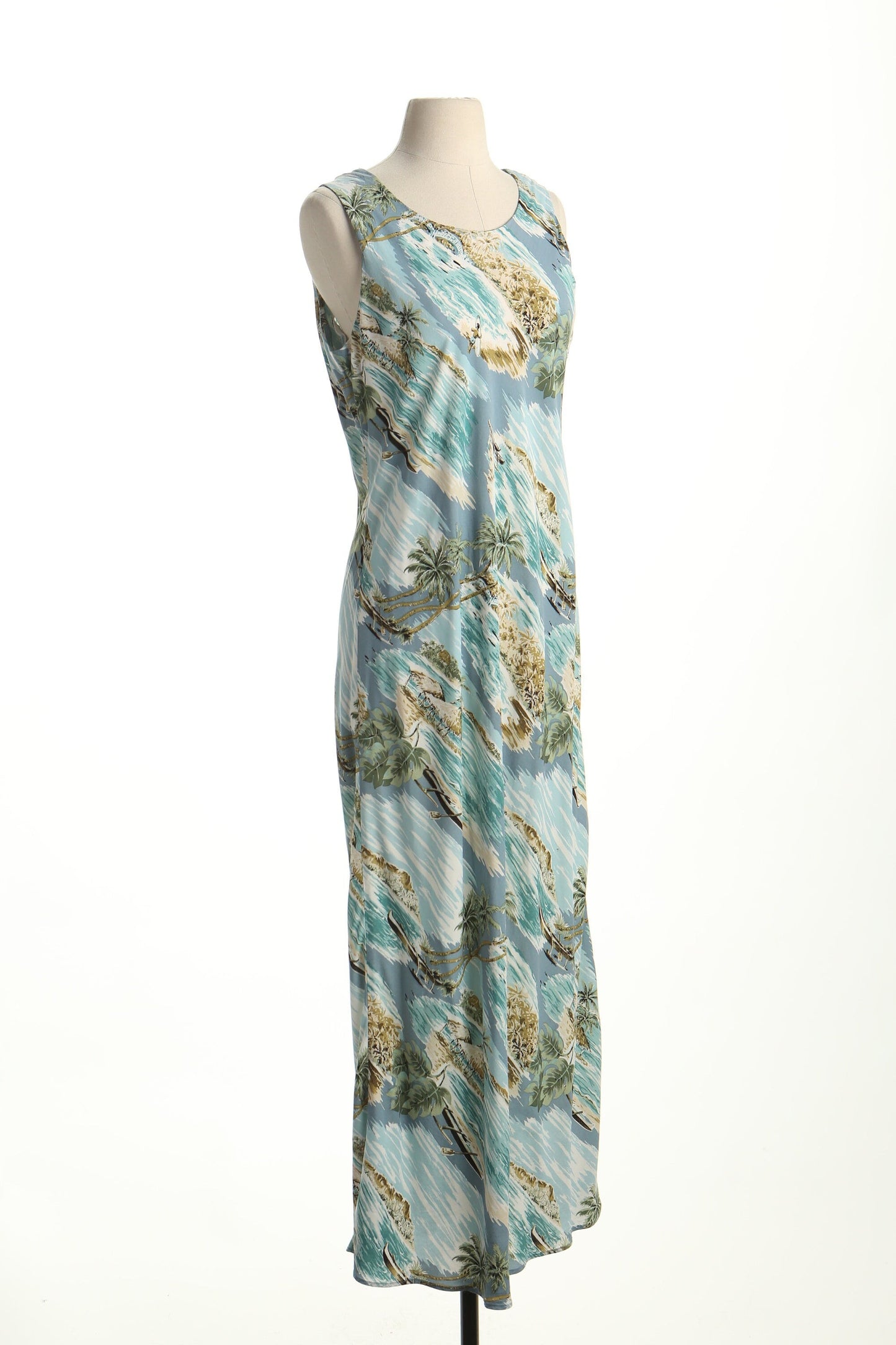 Vintage long hawaiian hawaii dress beach made in hawaii women green blue sleeveless