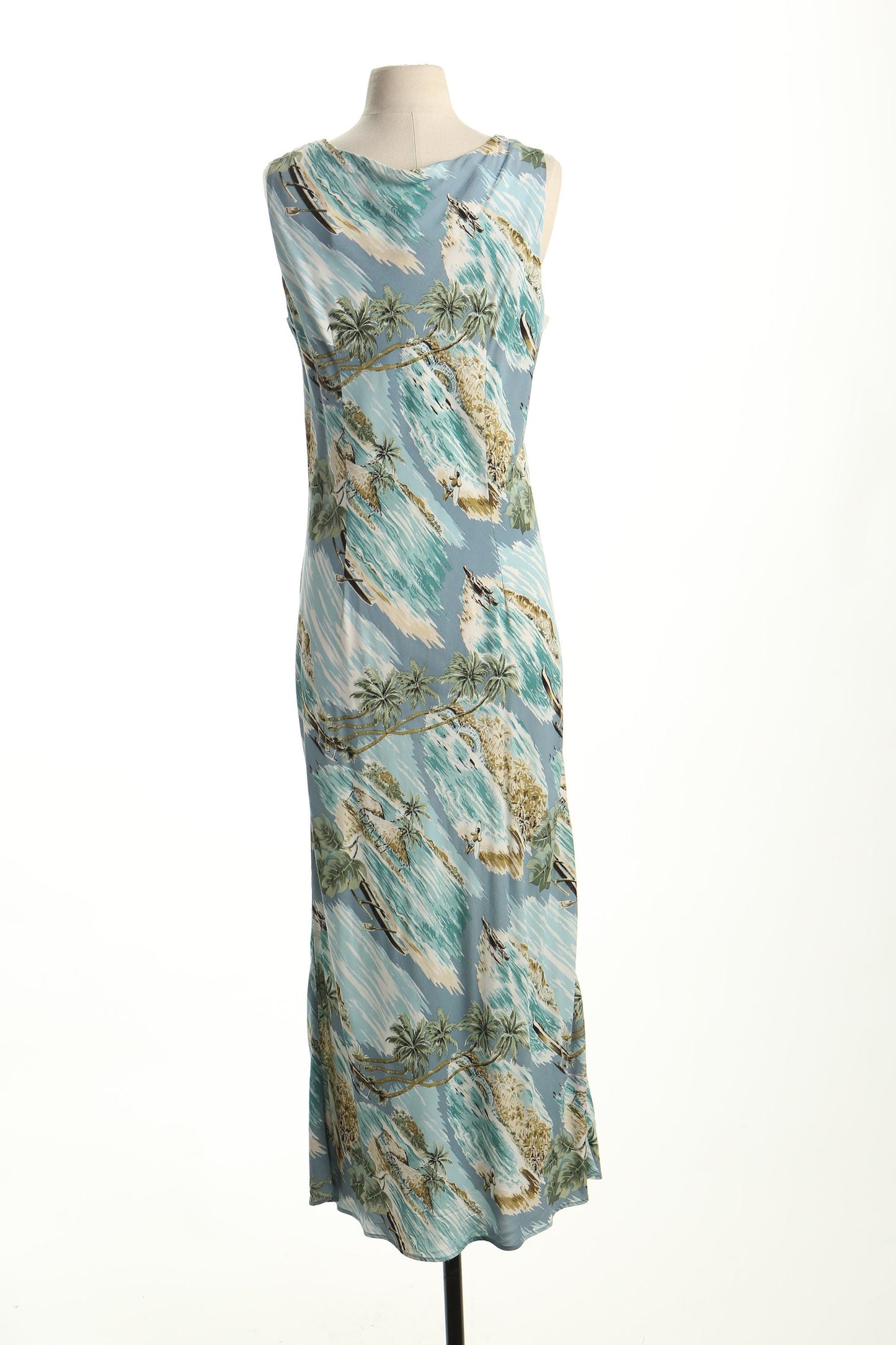 Vintage long hawaiian hawaii dress beach made in hawaii women green blue sleeveless