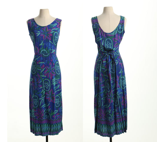 Vintage 90's summer dress blue floral spring casual women long drawing print hawaiian