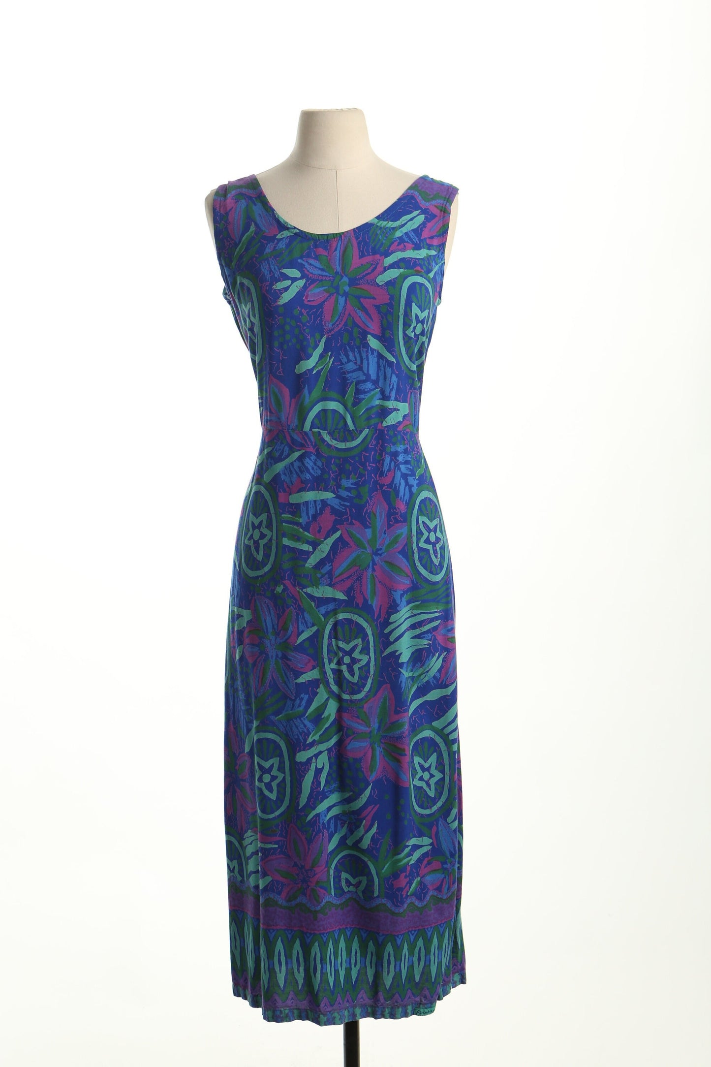 Vintage 90's summer dress blue floral spring casual women long drawing print hawaiian