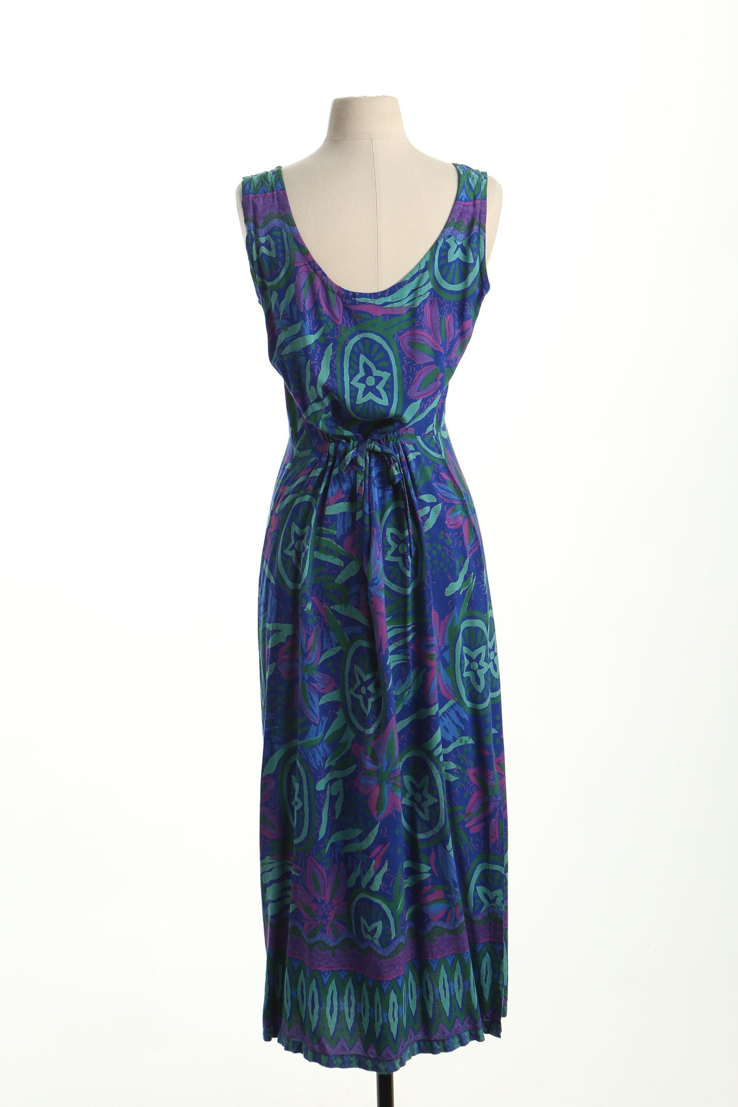 Vintage 90's summer dress blue floral spring casual women long drawing print hawaiian