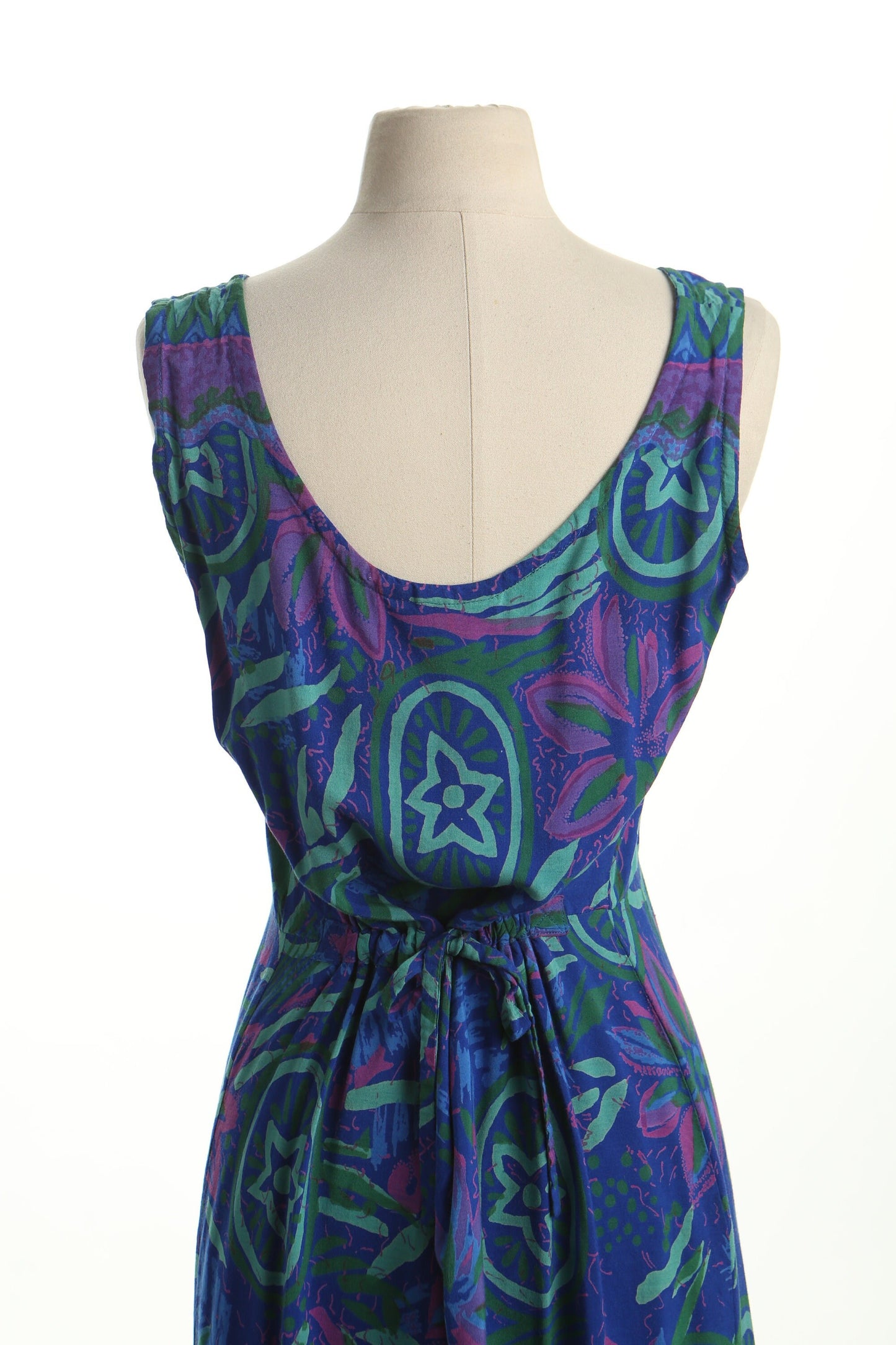 Vintage 90's summer dress blue floral spring casual women long drawing print hawaiian