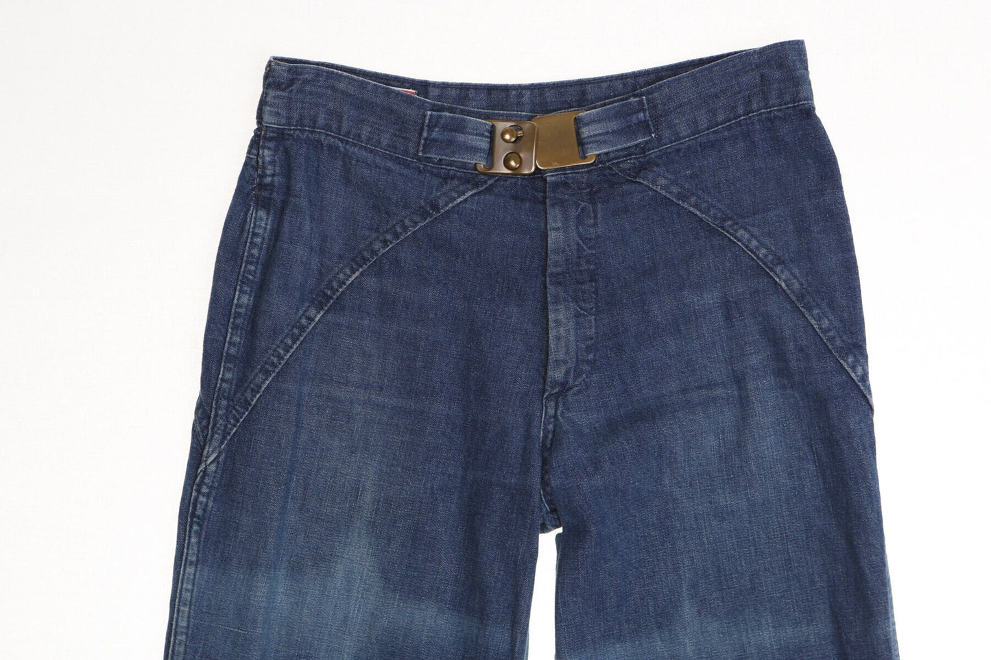 Vintage 70's bell bottom blue pants cotton tailpipes men women hippie high waist belt buckle