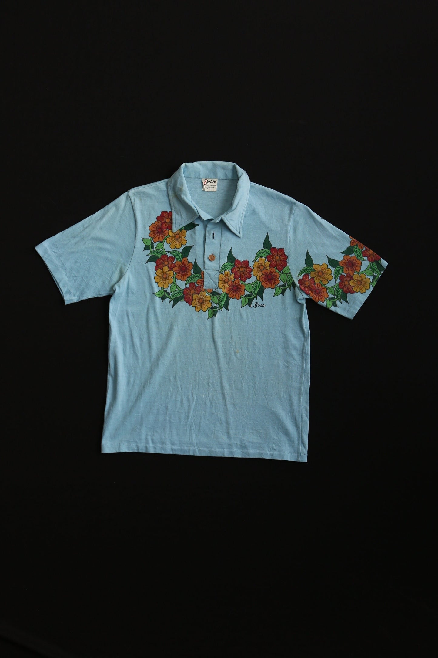 Vintage hawaiian shirt blue t-shirt floral surfing men 70's