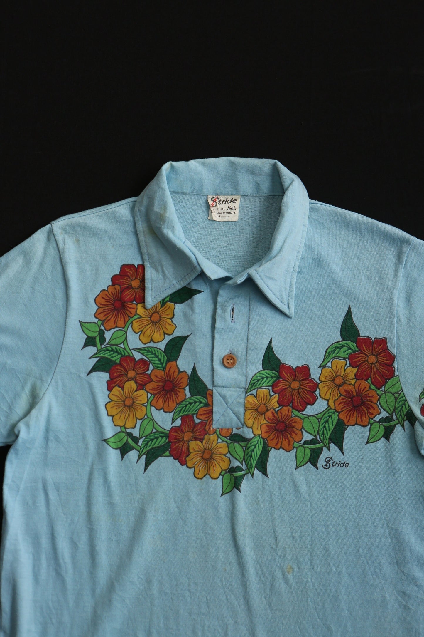 Vintage hawaiian shirt blue t-shirt floral surfing men 70's