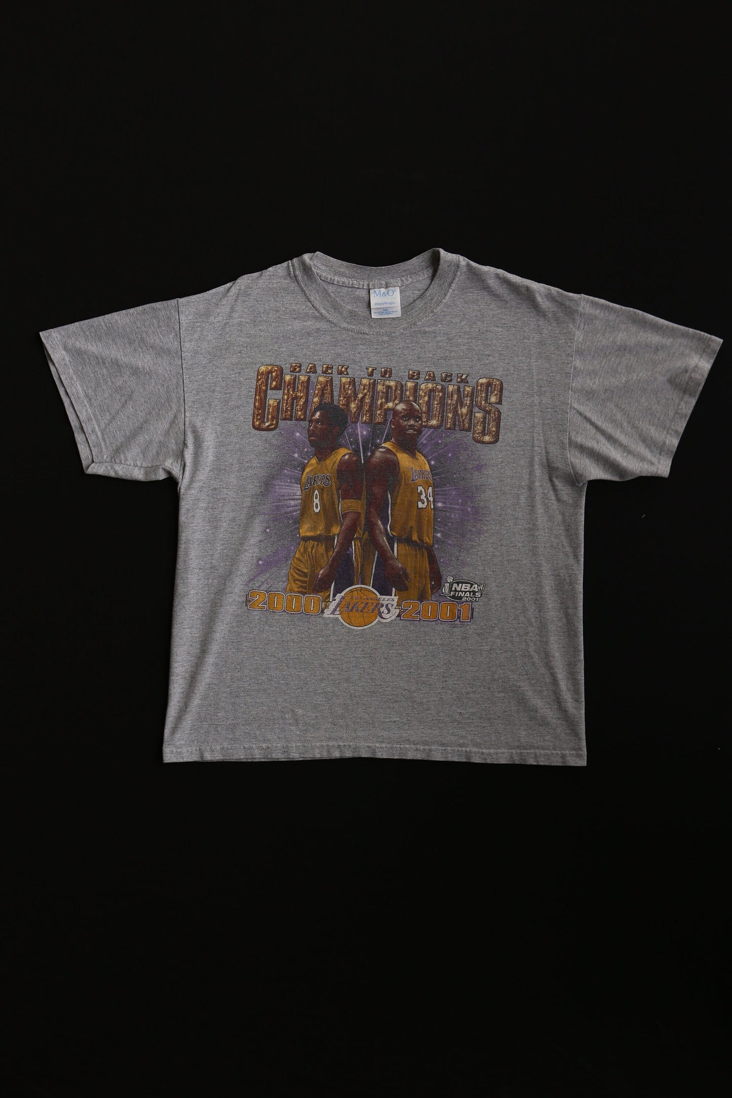 Lakers y2k 2000 2001 nba finals los angeles back to back champions kobe braynt shaquille o'neal large vintage gray