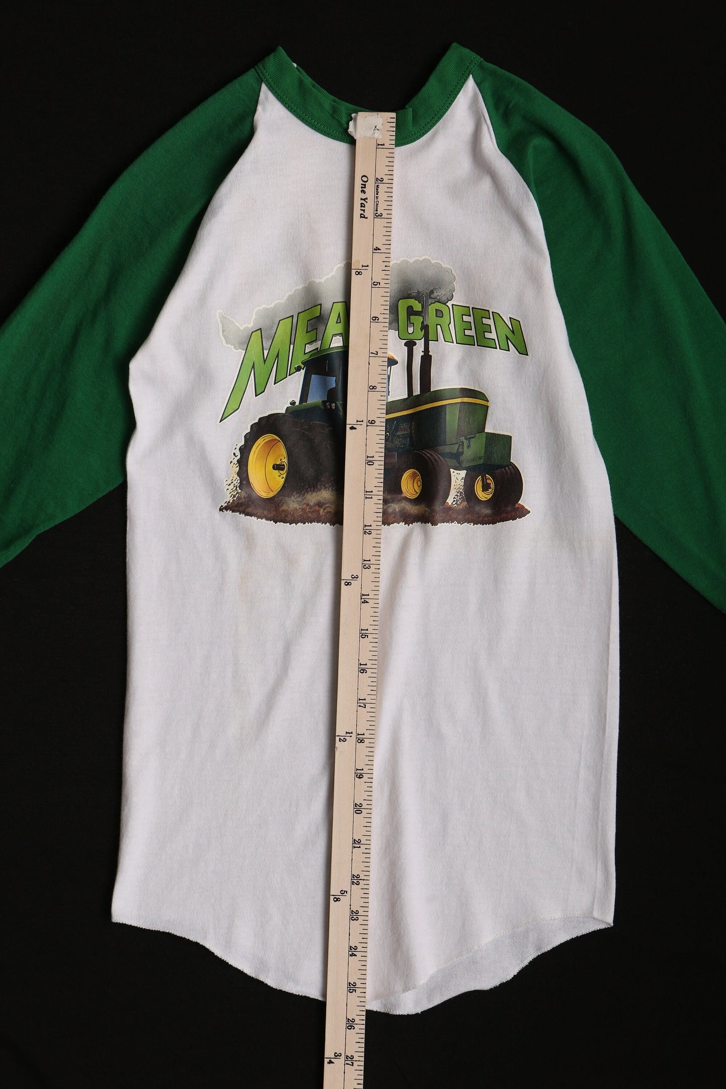 Vintage baseball t-shirt white green tractor farm mean green 70's