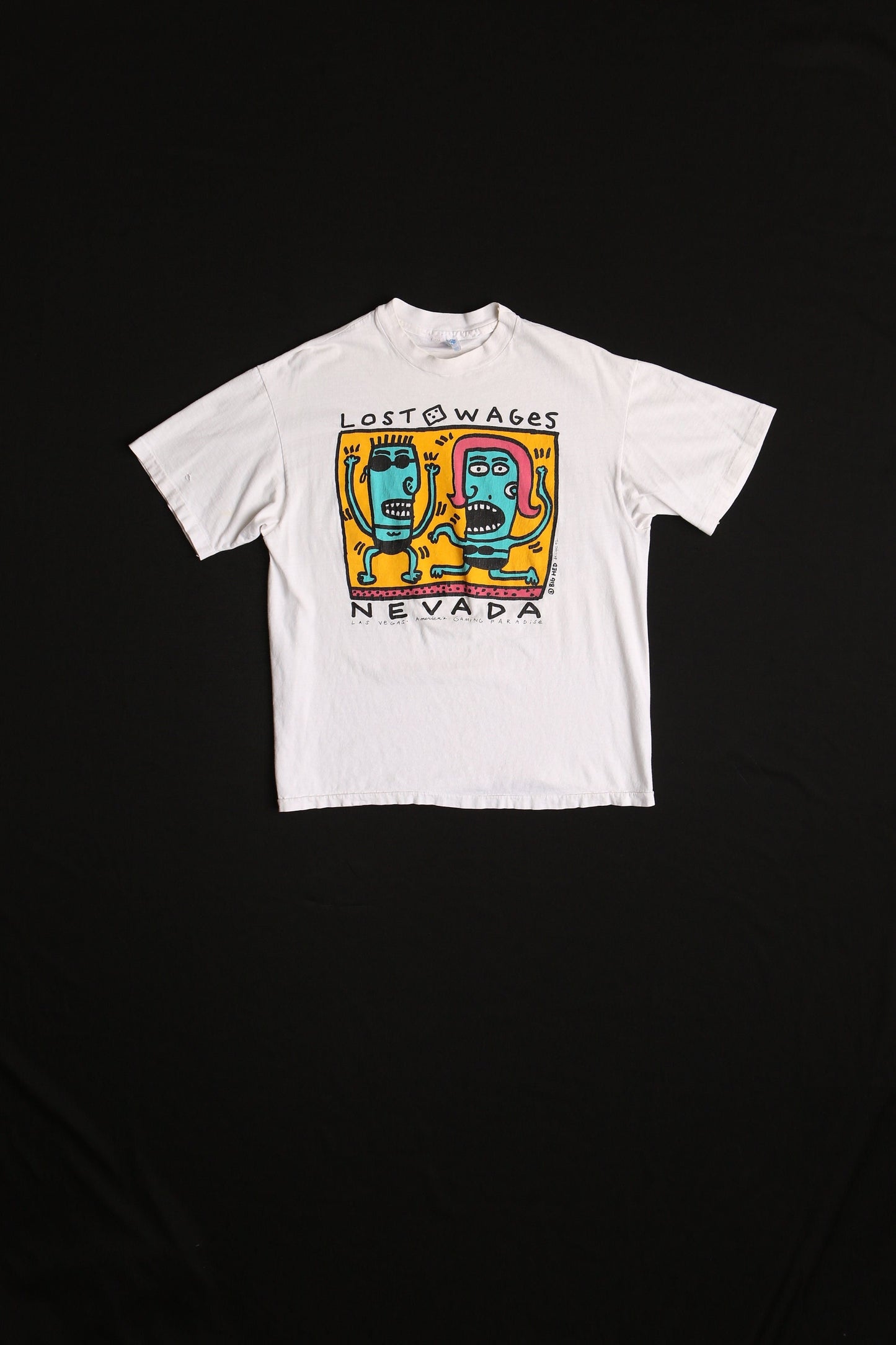 Vintage big hed graphic t-shirt las vegas nevada cartoon white lost wages 92 designs