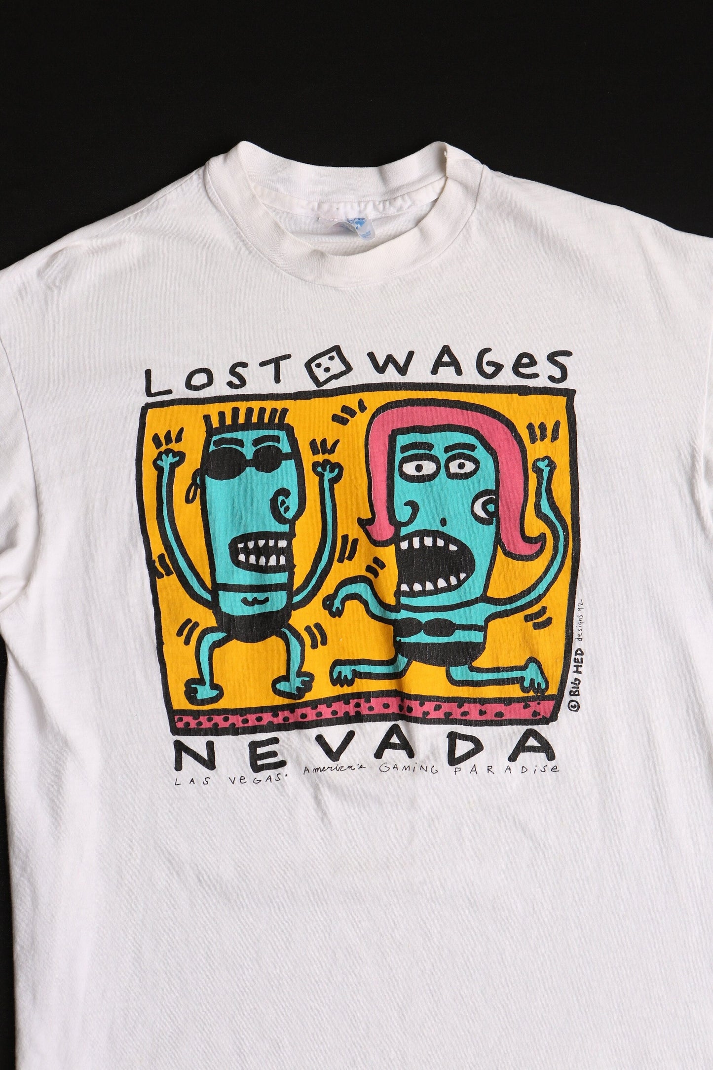 Vintage big hed graphic t-shirt las vegas nevada cartoon white lost wages 92 designs