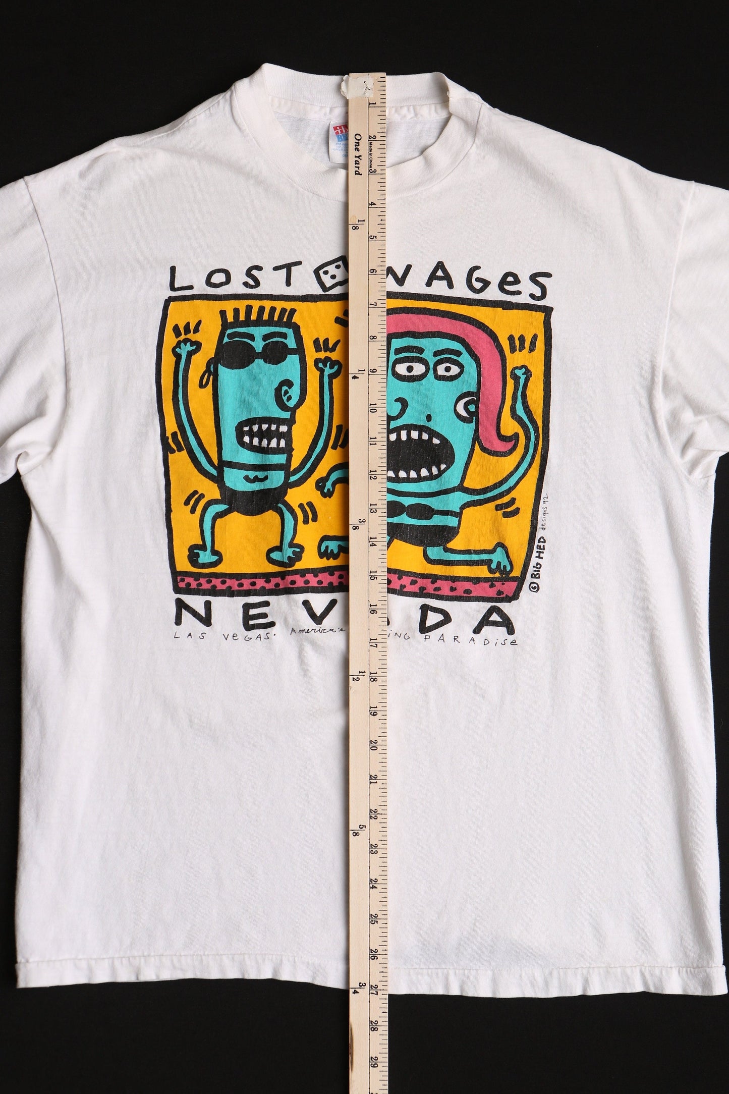 Vintage big hed graphic t-shirt las vegas nevada cartoon white lost wages 92 designs