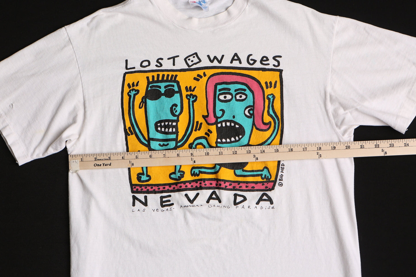 Vintage big hed graphic t-shirt las vegas nevada cartoon white lost wages 92 designs