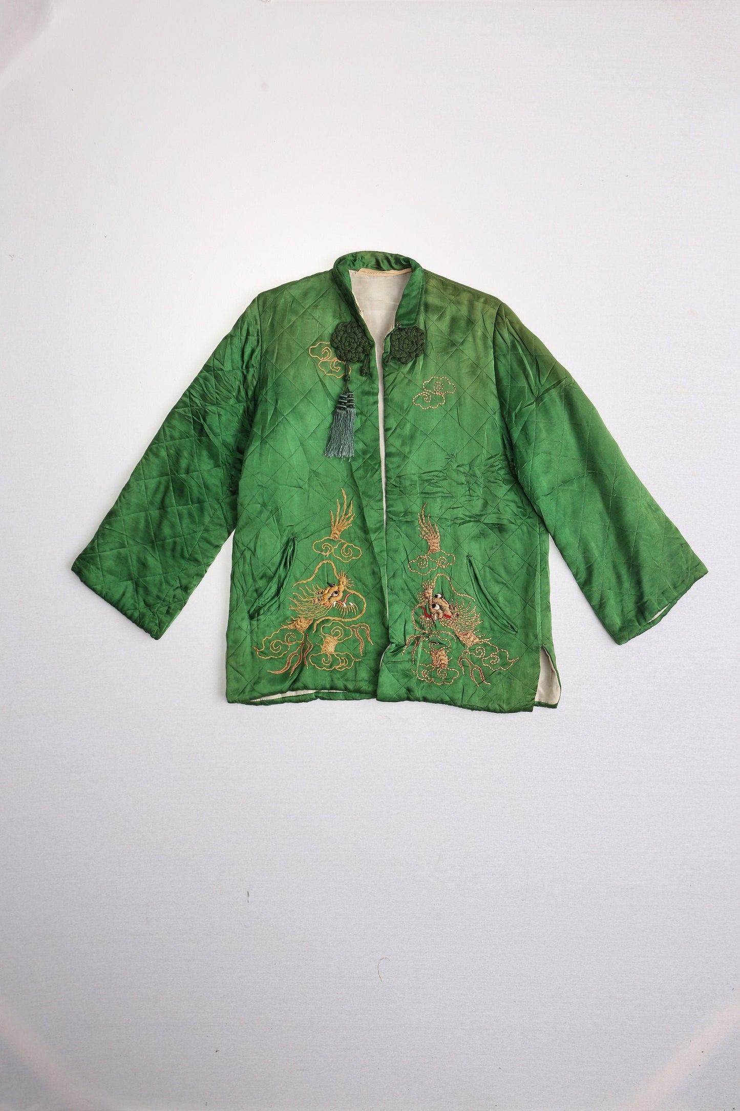 Vintage chinese embroidered jacket dragon gold green cheongsam collectible unique