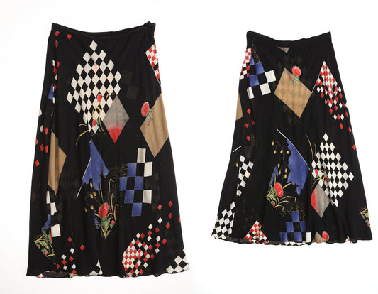Vintage 90's black rayon skirt long summer geometric checkered women print casual