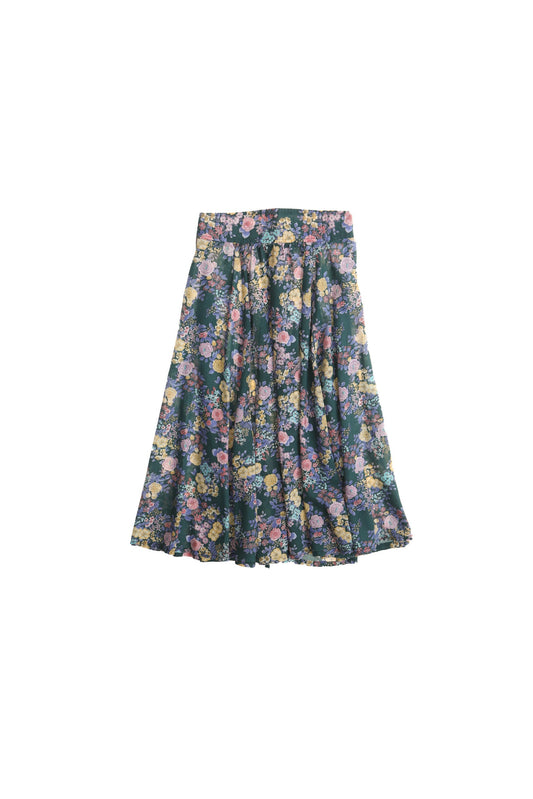 Vintage green floral print 80's summer cotton skirt women