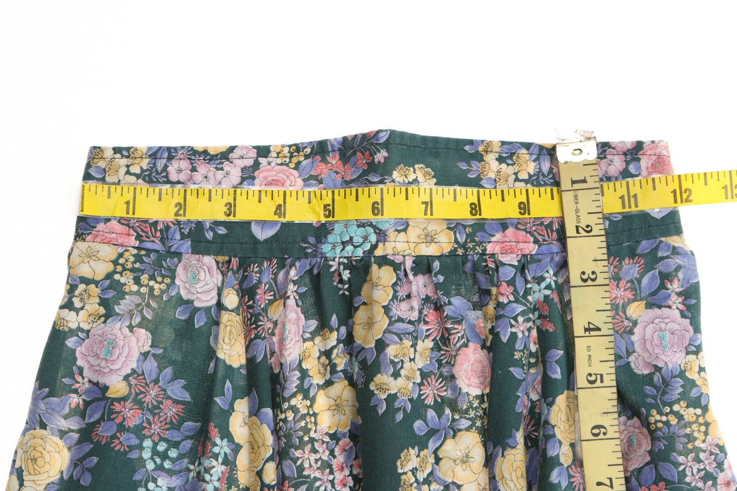 Vintage green floral print 80's summer cotton skirt women