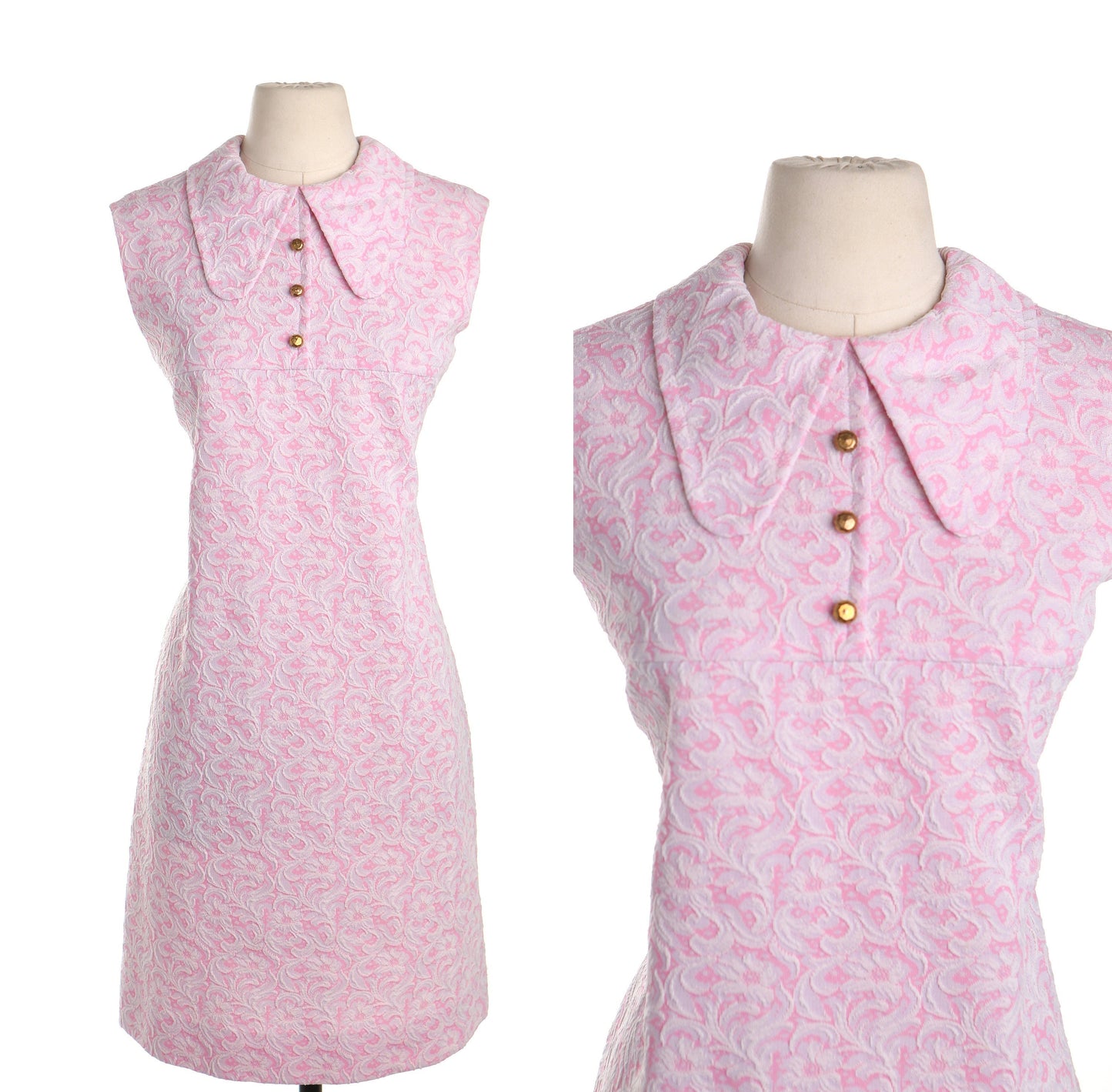 70's pink floral dress casual collared mod white